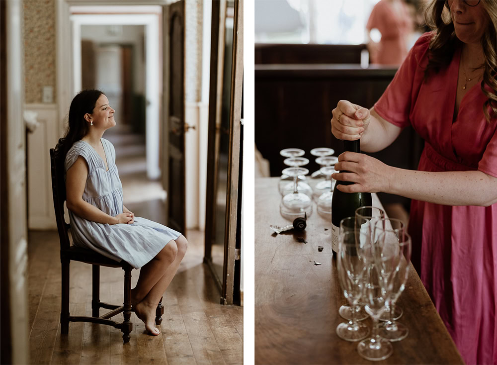 Préparatifs de la mariée dans une pièce lumineuse et ouverture d'une bouteille de champagne pour un moment de détente par maxime decarsin photographe